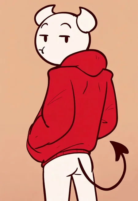 <lora:AdamSomeThingElseYTIllustrations:1> source_cartoon, adam_somethingelseyt_illustrious, 1boy, solo, from behind, humanoid, white skin, demon horns, red hoodie, long sleeves, hood down, bottomless, demon tail BREAK head turn, raised eyebrows, looking at viewer, narrowed eyes, closed mouth, pout, hands in pocket BREAK flat colors, brown background, best anatomy, best perspective
