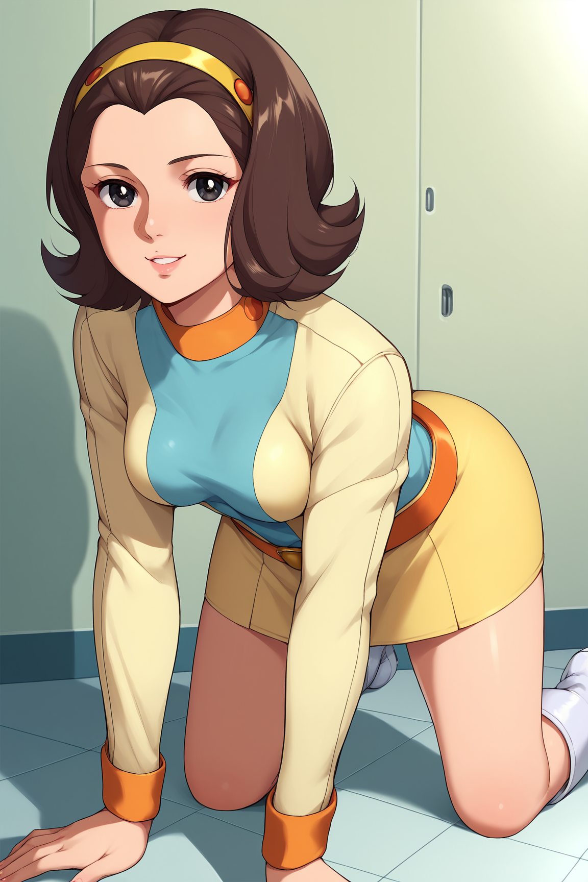 score_9, score_8_up, score_7_up, score_6_up, BREAK, MiwaUzukiKJXL, 1980s (style), black eyes, brown hair, short hair, yellow hairband, forehead, medium breasts, yellow dress, blue dress, two-tone dress, orange belt, short skirt, white boots, solo, all fours, seductive smile, looking at viewer, indoors <lora:MiwaUzukiKJXL:1>
