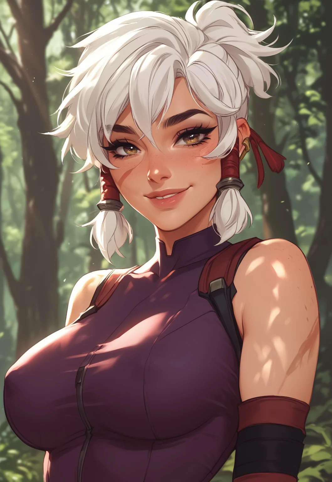 safe_pos, score_9, score_8_up, score_7_up, score_6_up, 1girl, Kaye_BP, beautiful, white hair, hair tubes, big breasts, covered nipples, seductive smile, bodysuit, forest, dappled sunlight, upper body, looking at viewer