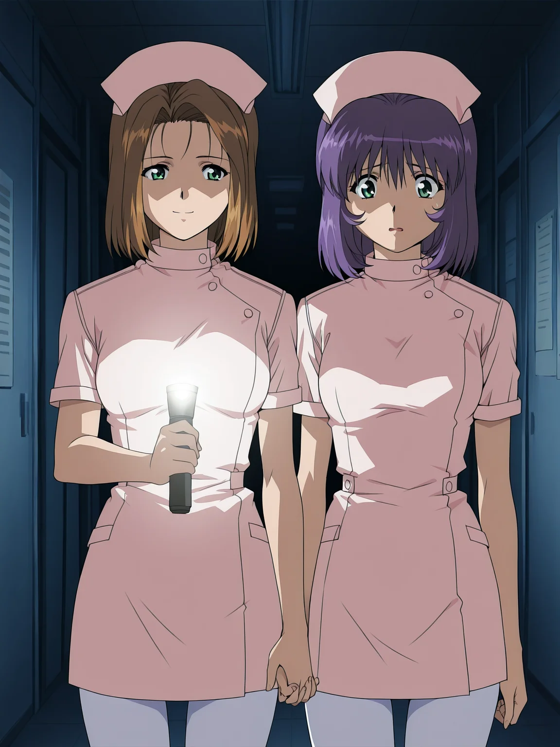 <lora:yakin-kaidan-illustrious-000004:0.9> 2girls, nurse cap, nurse, white pantyhose, side-by-side, holding hands, hallway, hospital, dark, night, dim lighting, cinematic lighting, cowboy shot, masterpiece, best quality
2girls, sh1nj0u, holding flashlight, flashlight, flashlight beam, confident, smile
2girls, fuj1sawa, purple hair, scared