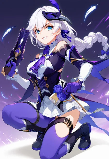 score_9, score_8_up, score_7_up, source_anime, good anatomy, vibrant colors, 1girl, solo, KallenRogueSixthSerenade, white hair, braided hair, blue eyes, hair between eyes, violet hair ribbon, violet ascot, violet roses, white collar, frilled collar, white undershirt, dark purple overshirt, golden buttons, bare shoulders, shoulder cutout, white sleeves, purple gloves, white skirt, miniskirt, purple pantyhose, thigh cutouts, cards, thigh straps, raven mask, purple feather, black boots, laced boots, kneeling, on one knee, fighting stance, grin, pistol, firearm, holding firearm, official art