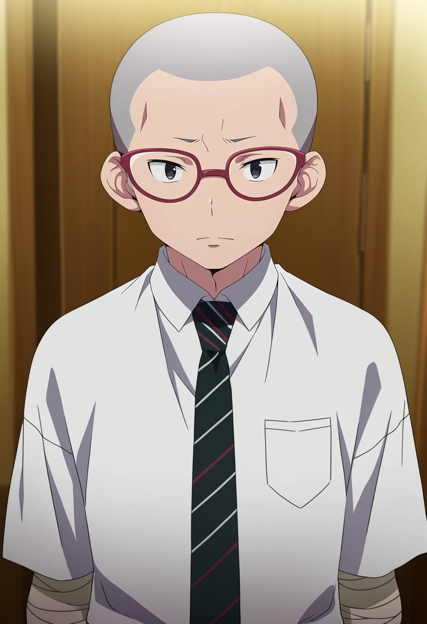 masterpiece, best quality, , , looking at viewer, 1boy, solo, male focus, <lora:konekomaru_miwa_ilxl:0.98>, konekomaru_miwa, grey hair, black eyes, bald, glasses, red-framed eyewear, white shirt, collared shirt, black necktie, striped necktie, , mummy costume
