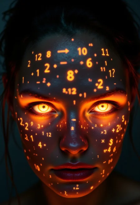Digital artwork featuring a close-up portrait of a person with striking, glowing orange eyes. The subject has a fair skin tone with a smooth texture, and their facial features are sharp and intense. The image is stylized with a futuristic and mystical theme, as numbers and symbols in a glowing orange hue are scattered across the subject's face, creating an ethereal effect. The background is dark, enhancing the luminescent quality of the eyes and symbols. The overall composition is symmetrical, focusing on the subject's face, with a dramatic use of lighting that highlights the contours and expressions, giving the image a captivating and otherworldly appearance.