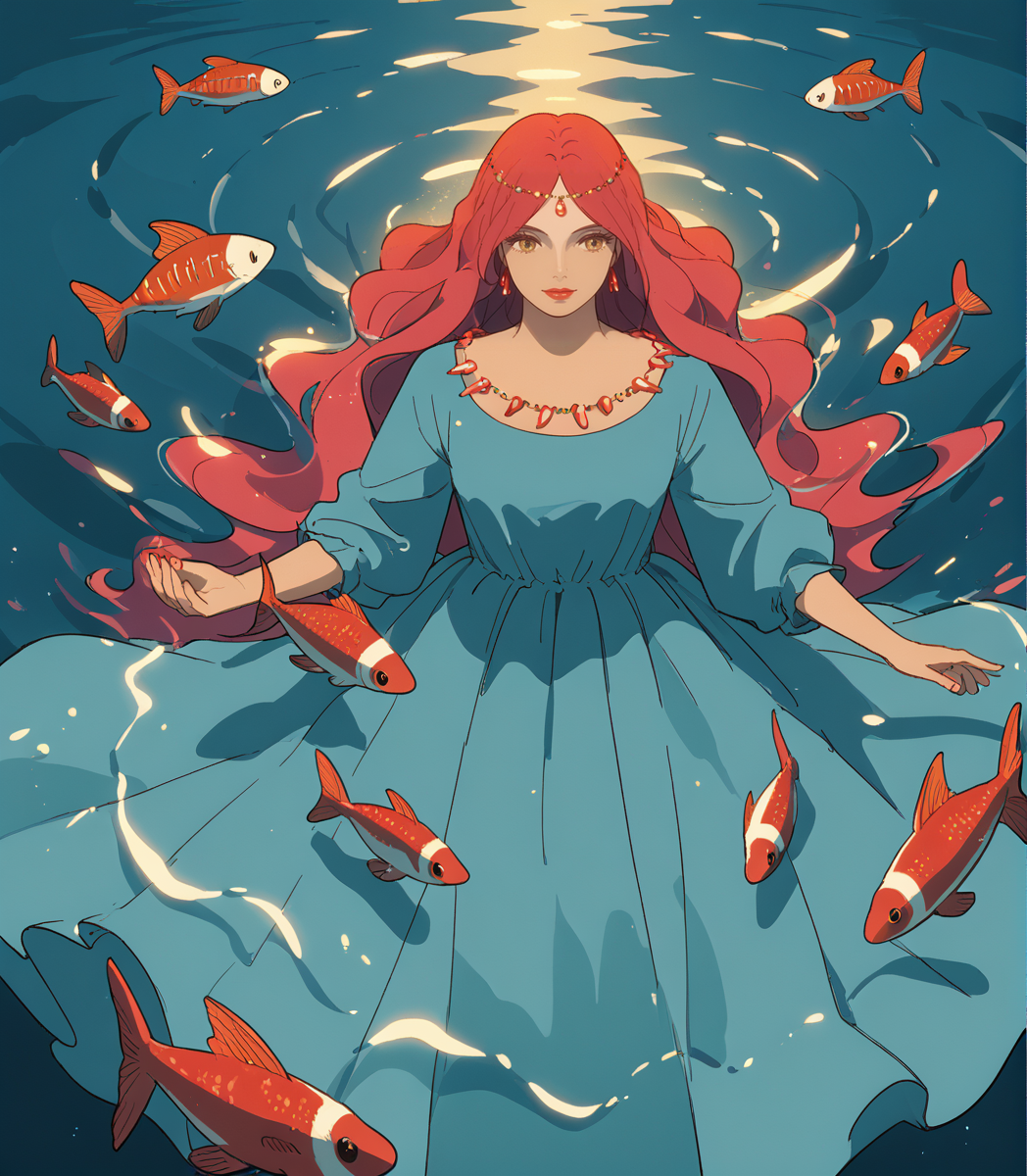 score_9, score_8_up, score_7_up,   <lora:Granmamare:1>, âA serene scene of Granmamare, standing tall in the depths of the ocean, her long, flowing dress blending into the sea, her soft, kind eyes glowing as she gently touches the water, creating ripples of light, with colorful fish swimming around her.â