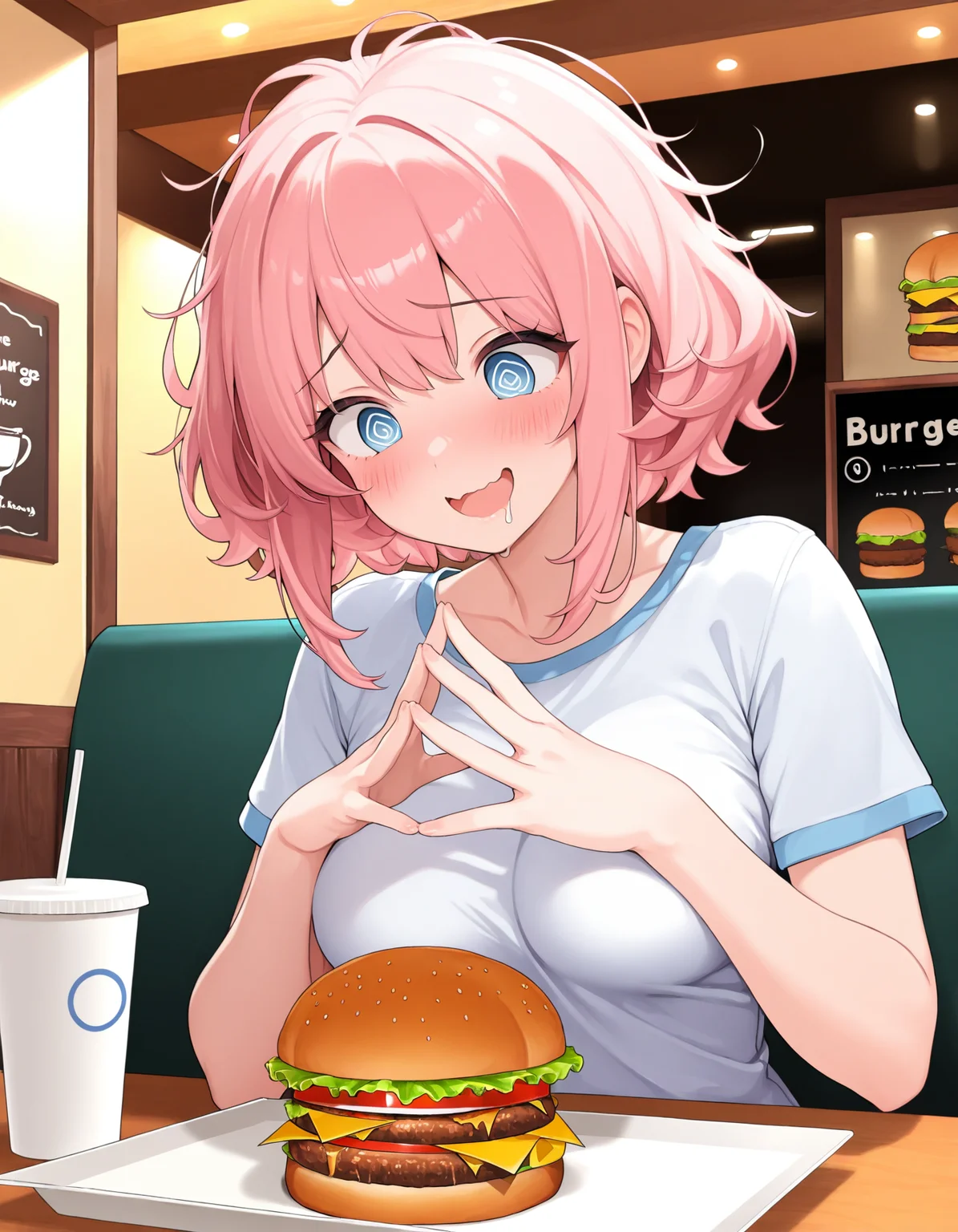 1girl, masterpiece, solo, medium breasts, sidelocks, blue eyes, open mouth, wavy mouth, raised eyebrows, blush, @ @, medium breasts, pink hair, messy hair, embarassed, steepled fingers, upper body, burger, short hair, restaurant, indoors, saliva, smile, looking down,