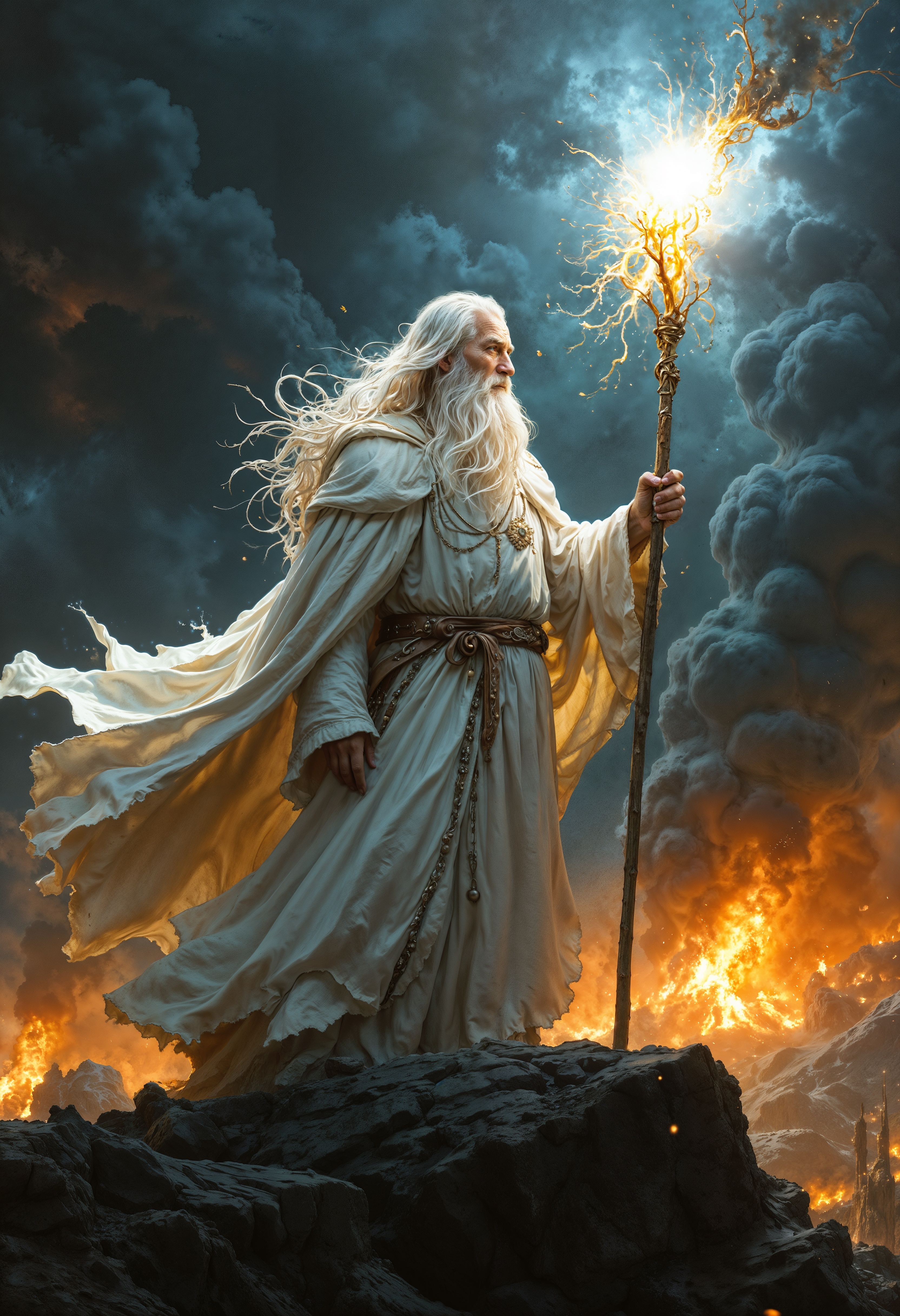 Gandalf the White stands boldly on the battlements of Minas Tirith, his white robes and cloak flowing in the wind. His staff blazes with radiant light, cutting through the darkness of the battlefield. Around him, chaos reigns—Orcs swarm, fires rage, and the sky is filled with dark clouds. Gandalf’s eyes burn with fierce determination as he raises his staff, emitting a blinding light that pushes back the shadows. The scene captures the epic clash of light against darkness, highlighting Gandalf’s heroic presence as a beacon of hope in the midst of war.