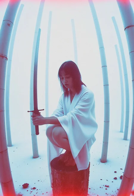 ibsukionsen, masterpiece, newest, absurdres, very awa, 1girl, crouching, action pose, holding sword, perched on bamboo stump, recursion, too many bamboo, white bamboo, intricate detail, iridescent, abstract background, bamboo forest, cut bamboo, flat composition, limited palette, pale white and blue, fisheye, perspective, depth, outdoors, binary, snow, frozen, frost, dutch angle, XUER guangying, r17329_illu, 4ki4k4ne_illu, ambient occlusion, neon-mist, 90s Tokyo erotica, garment made of plastic similar to a raincoat, jewelry. 90s, 90STOKYO, low light, grainy, visible noise, reflections