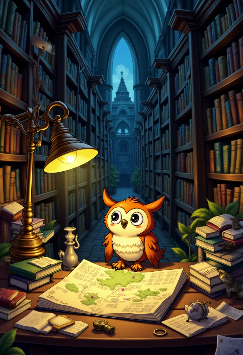 <lora:KFT_Curse_of_Dragons_Crown_Style_FLUX:1>
The image is a vibrant, digitally created kftfantasy illustration featuring An owl studying a map under a lamp in a library filled with towering bookshelves.