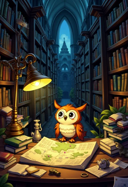 <lora:KFT_Curse_of_Dragons_Crown_Style_FLUX:1>
The image is a vibrant, digitally created kftfantasy illustration featuring An owl studying a map under a lamp in a library filled with towering bookshelves.