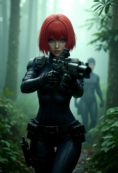photorealistic image of Regina from Dino Crisis, short bright red bob cut hair, blue eyes, wearing a tactical black bodysuit with armor-like plating, cautiously advancing through a dense jungle, gun drawn, eyes scanning the surroundings for threats, early morning setting with fog hanging low among the trees, ultra-high-definition textures, cinematic composition, lush greenery, foggy atmosphere, intricate details in her tactical gear with utility belt and holsters, sharp contrast between light and shadow, athletic and fit physique, highly detailed and accurate portrayal, photorealistic rendering, tense and alert atmosphere
cinematic scene, cinematic lighting, intricate detail skin and facial texture, lifelike expression, accurate character design, dynamic pose, interesting and complex background details,