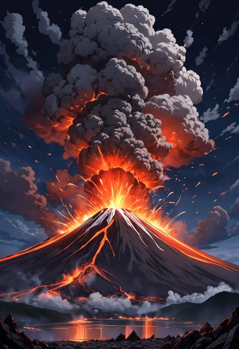 erupting volcano, rocky, smoke and ash, nighttime, masterpiece