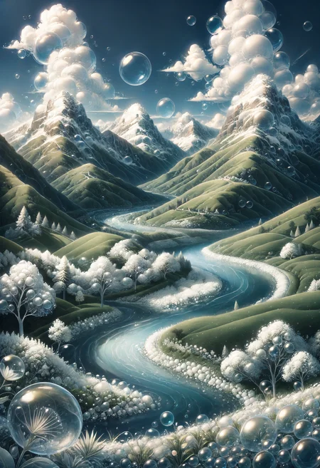 embedding:lazympos, landscape, mountains made of bubbles, river, valley, clouds <lora:Challenge_Winnifier_2025-03:0> <lora:Bubbles_sdxl-000013:1.2>
