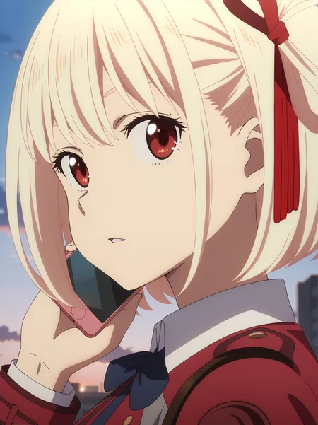 <lora:Chisato_Nishikigi:0.8>, nishikigi_chisato, 1girl, solo, blonde short hair, red eyes, red lycoris uniform, logo on shoulder, red hair ribbon, white collared shirt, parted lips, standing, looking at viewer, holding phone, portrait, from side, head turned, outdoors, sunset, sky, cloud