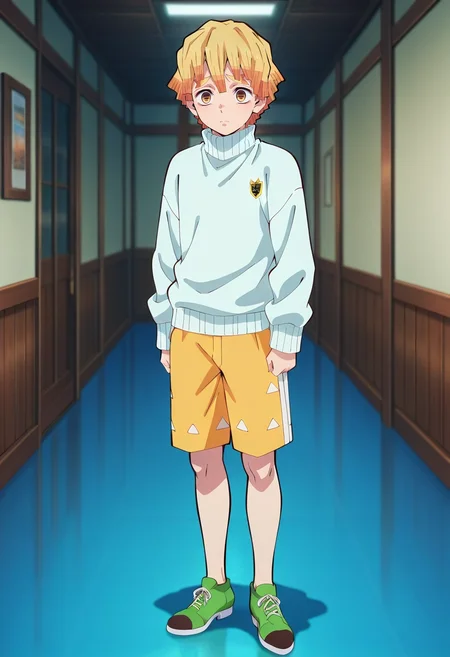 masterpiece, best quality, , anime screencap, , , , , 1boy, solo, male focus, <lora:zenitsu_agatsuma_ilxl:1>, zenitsu_agatsuma, blonde hair, yellow eyes, short hair, bangs, , Organza Fair Isle EmeraldGreen Track shorts, Turtleneck sweater, Cap-toe shoes, , and