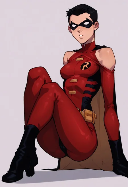 score_9, score_8_up, score_7_up, score_6_up, source_cartoon, rating_explicit, best quality, 12k, solo, 1girl, genderbent small breasts, thick ass2.5, thick thighs:2.2, wide hips:2.2, timdrakeyj, red outfit, robin symbol, no cape, utility belt, domino mask, black hair, leotard, bare shoulders, bare legs
