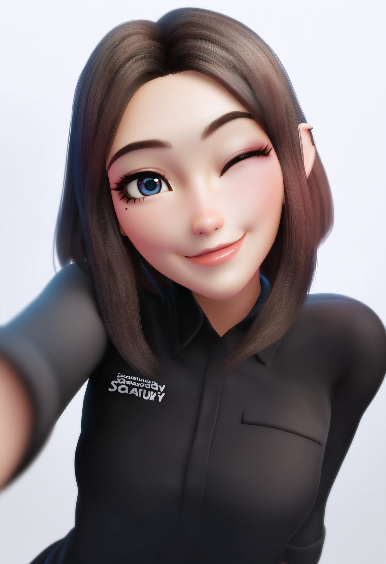 masterpiece, best quality, very aesthetic, absurdres,
3d, realistic, 3d render,
1girl, samsamsung, brown hair,  medium hair, blue eyes, mole under eye,
black shirt, wink,
upper body,
smile, solo, looking at viewer, simple background, white background,   <lora:SamSamsungNoobXL_byKonan:1>