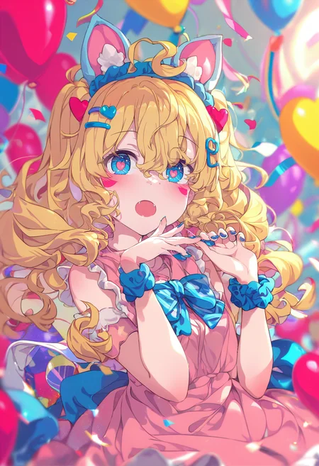 score_9, score_8_up, score_7_up, score_6_up, <lora:ogipoteXL_P6_lokr_V42310:0.95> 1girl, blonde hair, hair ornament, long hair, balloon, blue eyes, solo, dress, bow, heart, polka dot, crown, wrist scrunchie, cinnamoroll, hairclip, scrunchie, confetti, jewelry, looking at viewer, blue bow, bowtie, :o, bracelet, blue nails, on head, hair between eyes, open mouth, sleeveless, pink dress, nail polish, ribbon, hands up, heart hair ornament, frills, candy hair ornament, symbol-shaped pupils, blush, animal on head, looking up, animal ears, blue scrunchie, blue bowtie, facial mark, sleeveless dress, striped background