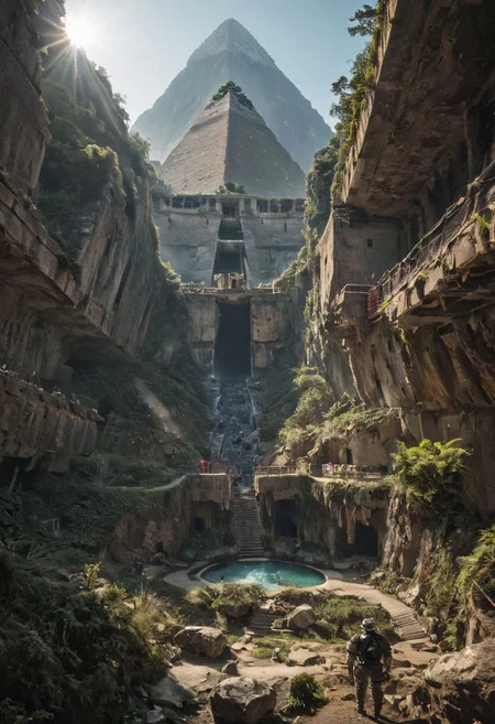 (pastel neon niji colors, terraforming mecha-Pyramid Like drdnght machine hovering above planet earth 20000 bc:1.5), 
(atmospheric haze, Film grain, cinematic film still, highly detailed, high budget, cinemascope, moody, epic, OverallDetail, gorgeous, 2000s vintage RAW photo, photorealistic, candid camera, color graded cinematic, eye catchlights, atmospheric lighting, skin pores, imperfections, natural, shallow dof:1.4),
(Ancient megalithic civilization, Azka Lines, on Easter Island:1.1), (The colonial city of the future, in the mist-filled Grand Canyon, on an unknown Earth-like planet, 2 moon on sky, Spaceship flight connects colonies, waterfulls:1), (Machu Picchu, a mountain settlement, incredibly spectacular:1),  (avant-garde, future, reality, science fiction, photorealistic), White limestone with black granite, fountain, waterfall, landmark, square, path, narrow street, (Large Files, Ultra Realistic, 8K, 16k, FHD, HD, VFX, Perfect, Photography, composition, Architecture Sales Photography, Architecture Competition, Ultra High Resolution, Cinematography, High Resolution Image:1), (dramatic lighting, direct sunlight, ray tracing, clear shadow:1), (real landscape:1), (blurred background:1.0), (urban background, more_details) ,
extremely detailed, industrialbuilding, drdnght machine, spstation, mayamaze, caveruinsAerial