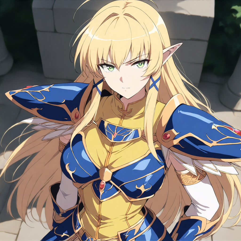(masterpiece,high score,great score,absurdres),looking at viewer,1girl,solo,armor,<lora:Angelica ag4o v1:1> angelica, blonde hair, pointy ears, long hair, green eyes,