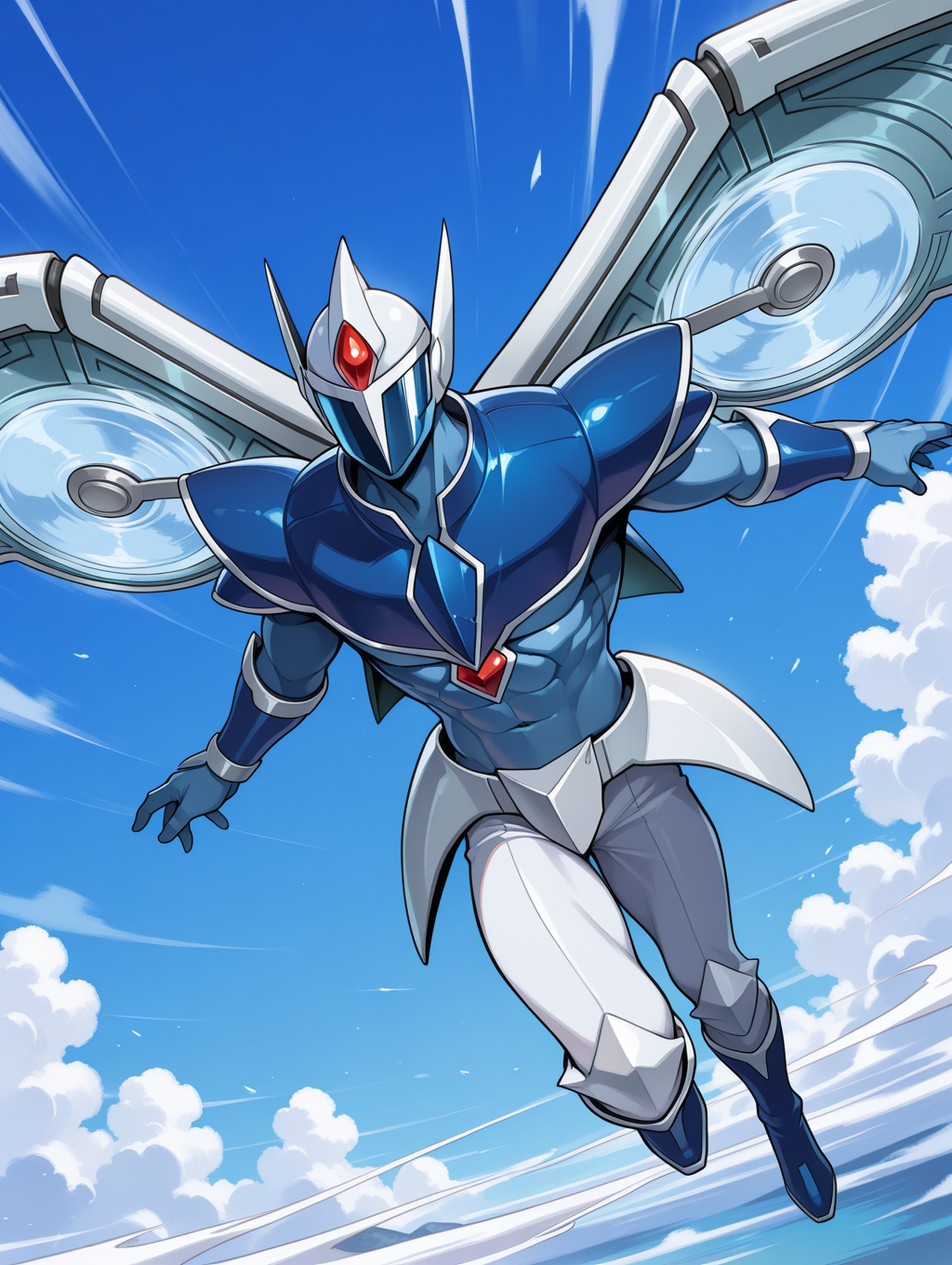 1boy,elemental hero stratos,solo,male focus,abs,aerokinesis,blue sky,tokusatsu,blue theme,muscular male,covered face,white helmet,blue full bodysuit,blue shoulder armor,white mechanical wings,blue vambraces,white pants,blue boots,white armored skirt,flying,
masterpiece,best quality,amazing quality,very aesthetic,absurdres,newest,<lora:Elemental HERO Stratos illuXL v1:0.73>,
