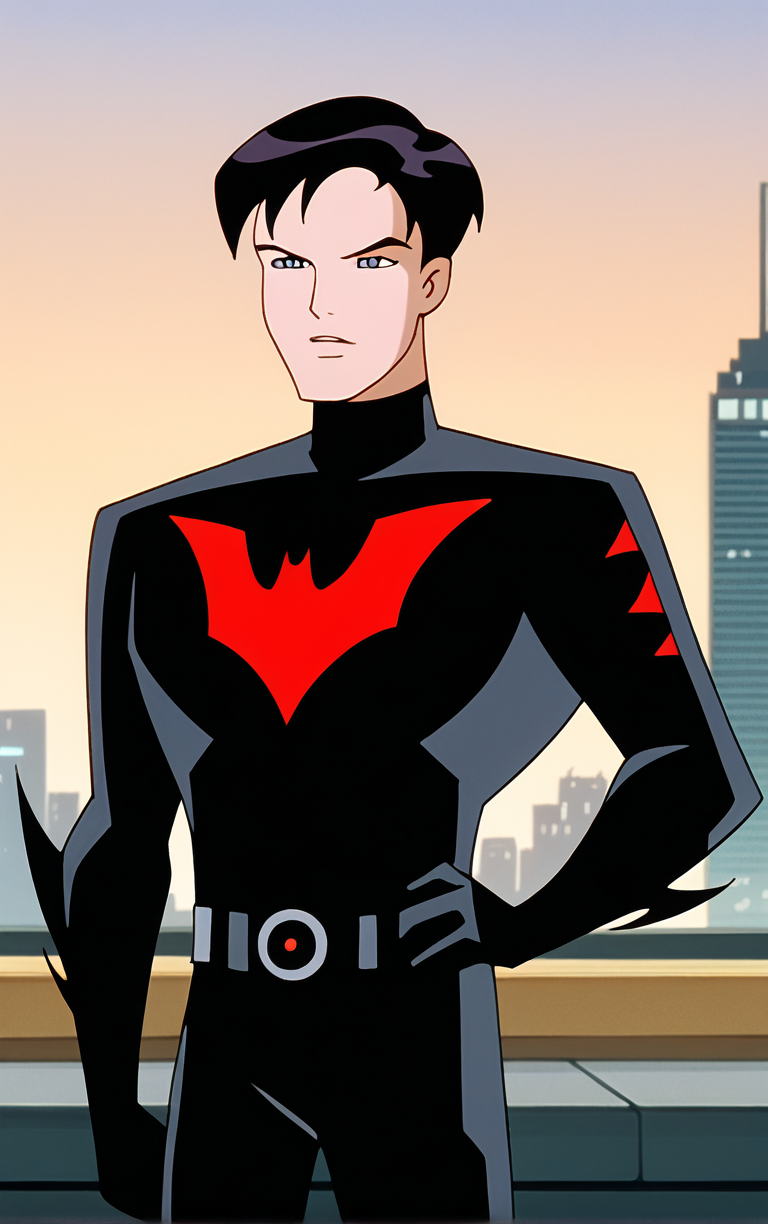 score_9, score_8_up, score_7_up, BREAK
NoMaskedBatsuit_TerryMcGinnis_ownwaifu, 
1boy, black hair, grey eyes, short hair, bangs, 
bat print, black bodysuit, superhero, turtleneck, grey belt, black gloves,
(contrapposto, hand on hip), sunset, sidelighting, cityscape, vanishing point, outdoors,  depth of field, solo,  
<lora:PONYXL_DC_BatManBeyond_TerryMcGinnis_ownwaifu_r1:0.9> , depth of field, 
,