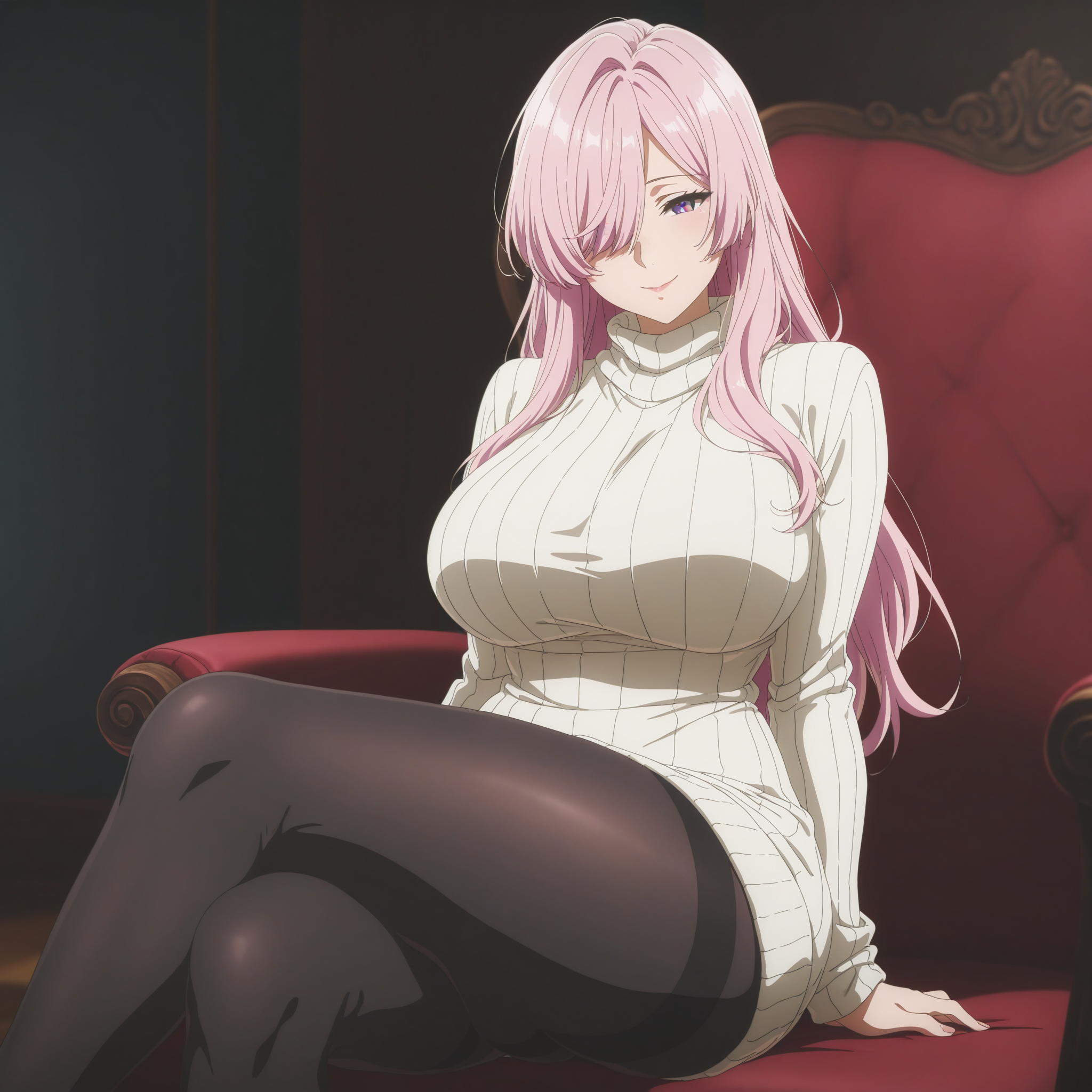 masterpiece, best quality, newest, absurdres, highres, anime coloring, 1girl, pink hair, long hair, hair over one eye, purple eyes, large breasts, thick thighs, sweater dress, black pantyhose, thighhigh, sitting, crossed legs, seductive smile, looking at viewer, cowboy shot, <lora:VioletEvergardenStyle-000007:1>