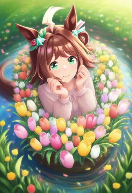 (umamusume, rhein_kraft_(umamusume), horse_ears, horse_girl, tail, 1girl, ahoge, animal_ears,)
casual, Tulip,Tulip flower, Tulip flower_field,
head_wreath, looking_at_viewer, solo, aesthetic, absurdres, symmetric , , g0ldsw0rthy,
(realistic, photo, artistic, medium_hair, one_eye_closed, petals, relaxing, smile, spiralling vortex made of multicoloured tulips, lush foliage sunrise, ripples, reflective, jaynl-tm, rainbow,green_eyes, hair_between_eyes, hair_ornament, : 0.7)