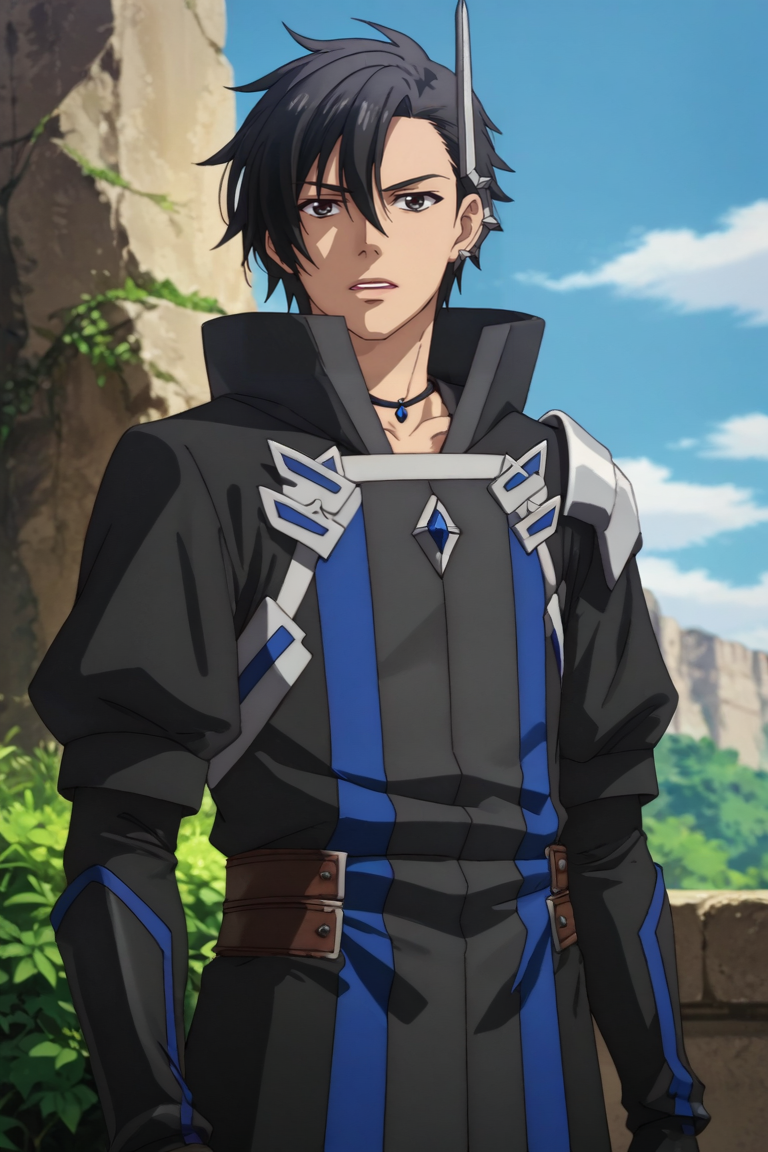 score_9, score_8_up, score_7_up, source_anime, rating_safe, , (realistic:0.6), , depth of field, 1boy, solo, male focus, , , <lora:kelvin:1>,kelvin celsius,black hair,black eyes,side swept,short hair,looking at viewer,black coat,accessory,gloves,jewelry,shoulder armor,hand up,black gloves,open mouth,upper teeth,:d,confident expression,outdoors,day,sky , , ,<lora:sdxl_lightning_8step_lora_315544:1>