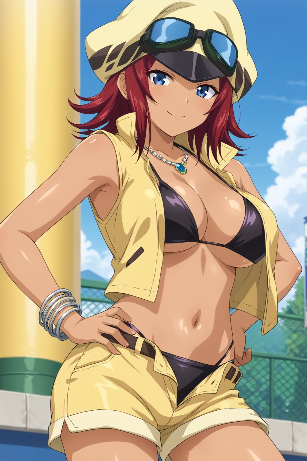 score_9, score_8_up, score_7_up, BREAK source_anime, masterpiece, anime screencap, shiny skin, 
1girl, solo, moukaku, medium hair, red hair, blue eyes, large breasts, dark-skinned female, tattoo, hat, goggles, <lora:moukaku_pony-000025:1>
necklace, string bikini, black bikini, yellow vest, open vest, bare shoulders, short shorts, yellow shorts, open fly, belt, yellow boots, bracelet, 
outdoor, smile, cowboy shot, standing, hand on hip,  closed mouth,
