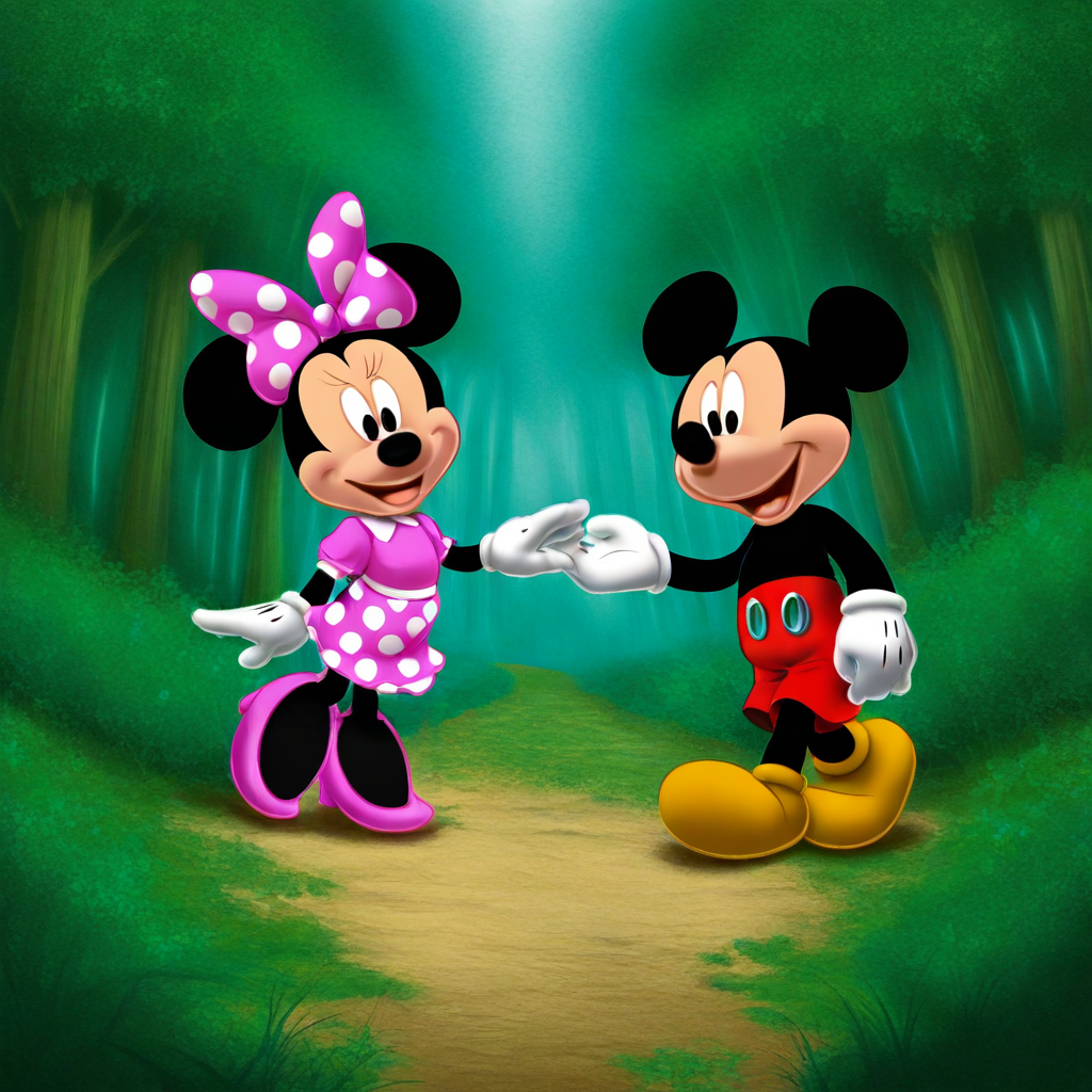 masterpiece, best quality, micknie, (1boy, mickey_m, shorts), break, (1girl, minnie_m, hairbow, dress), walking, forest, looking at another