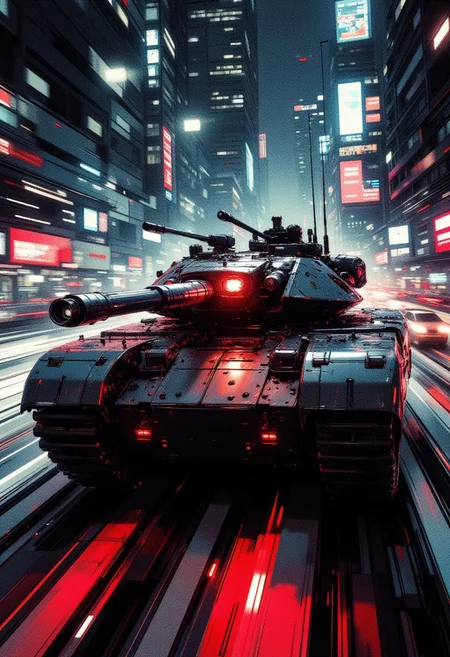 silhouette art, a_skynet_cyberdyne_systems_craft, the image is featuring a futuristic, highly advanced armored tank moving rapidly on a cyberpunk superhighway at night, motion blur. The hull is made of a dark gunmetal alloy and the hull is a flat wedge-shape with a square front, the cockpit shows glowing led lights, and has a large air intake, glowing diodes on the body, red glowing headlights, inksketch