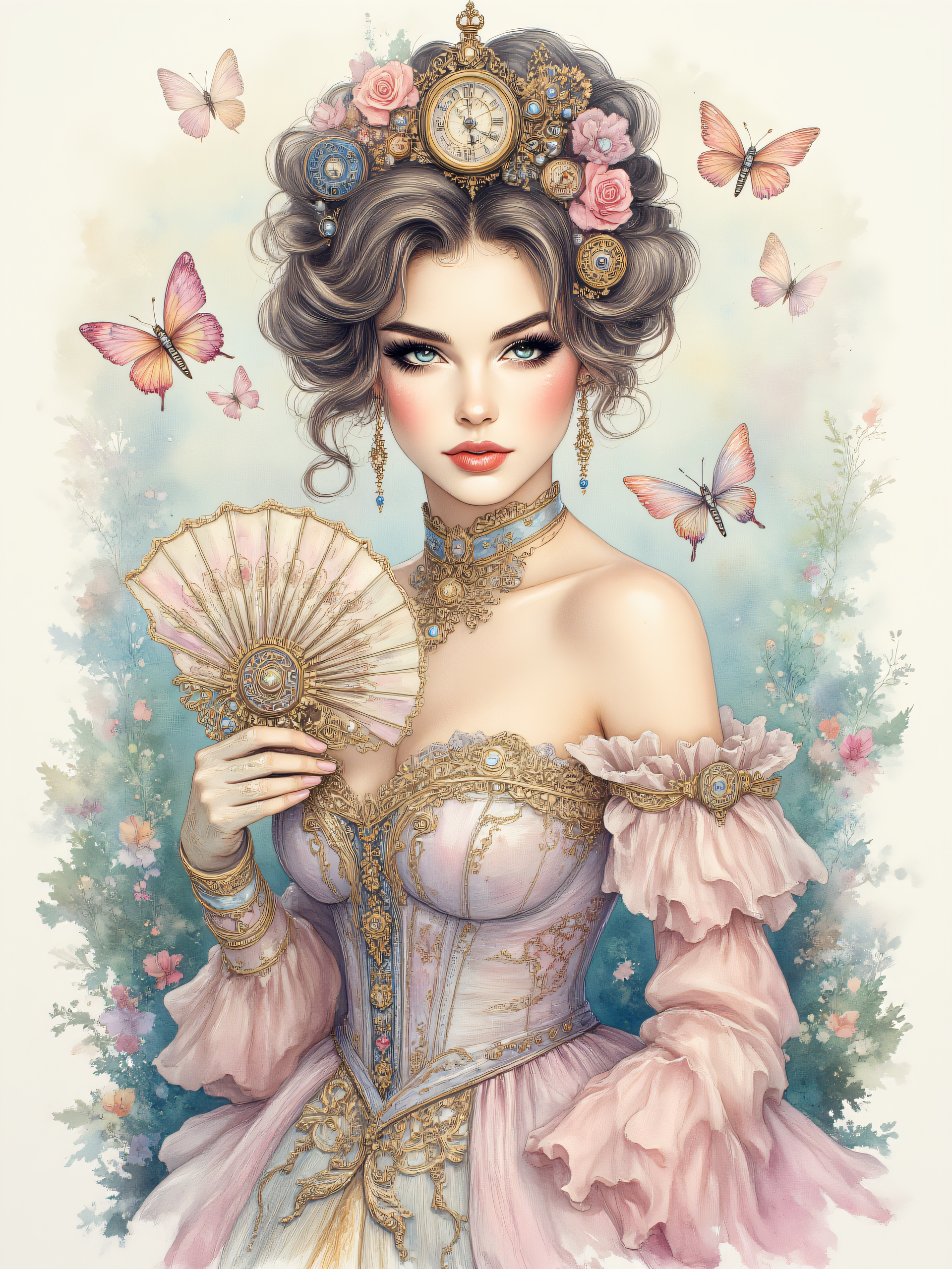 ArsMJStyle, watercolor with pastel hues, Steampunk Rococo style, A noblewoman with intricate, curly hair styled into an updo, adorned with miniature clock gears and pearls. She wears an opulent gown with layered ruffles and holds a delicate, steam-powered fan. The background is a soft, dreamy garden with mechanical butterflies.