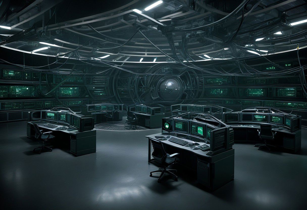 sci-fi surveillance center, computers gathering intelligence, dark room, multiple big screens on the wall, multiple projected screens, planet blueprint on screens, dark green color only while the rest are grey, hacking theme, computers around, , sci-fi server racks, server racks around, giant sci-fi computer in the middle, data storages, low camera angle