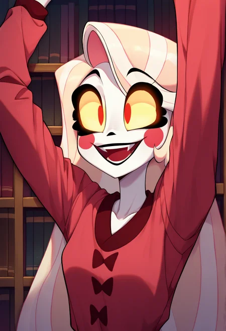<lora:hazbin_hotel_ponyxl_v1:1>, charlie, pink theme, smile, solo, bookshelf, glowing eyes, casual, teeth, arms up, red pajamas, upper body, upper teeth only
BREAK
score_9, score_8_up, score_7_up, score_6_up