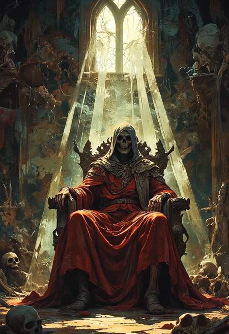 A dead skeletal king sits on this throne in a desolate deserted throne room, skeletal remains of guards lay on the floor, cobwebs covered the walls of the room, a sun ray from high window illuminates his red tunic