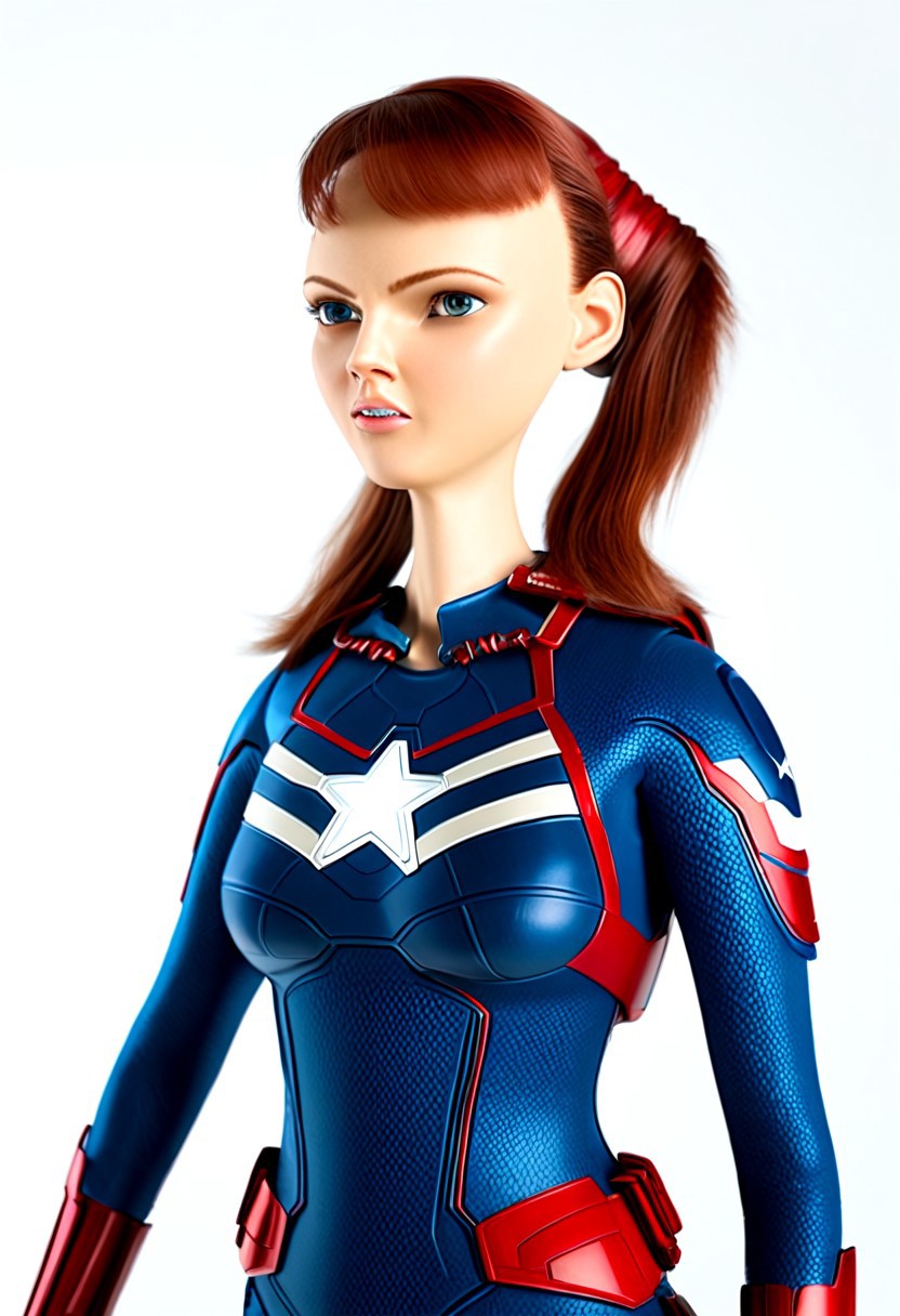close view, extraordinarily pretty woman dressed as Captain America, powered futuristic outfit, red and blue suit, ponytail, holding  round shield, swept bangs, white background, simple background