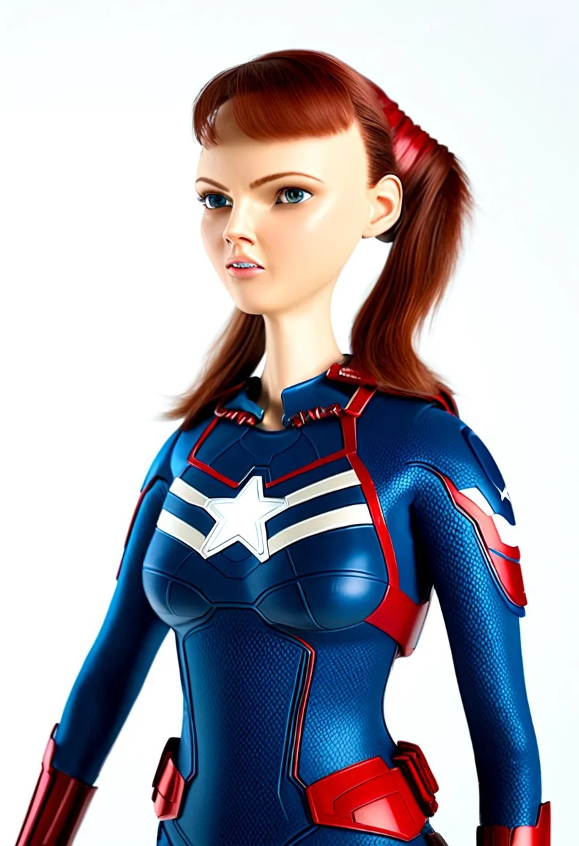 close view, extraordinarily pretty woman dressed as Captain America, powered futuristic outfit, red and blue suit, ponytail, holding round shield, swept bangs, white background, simple background