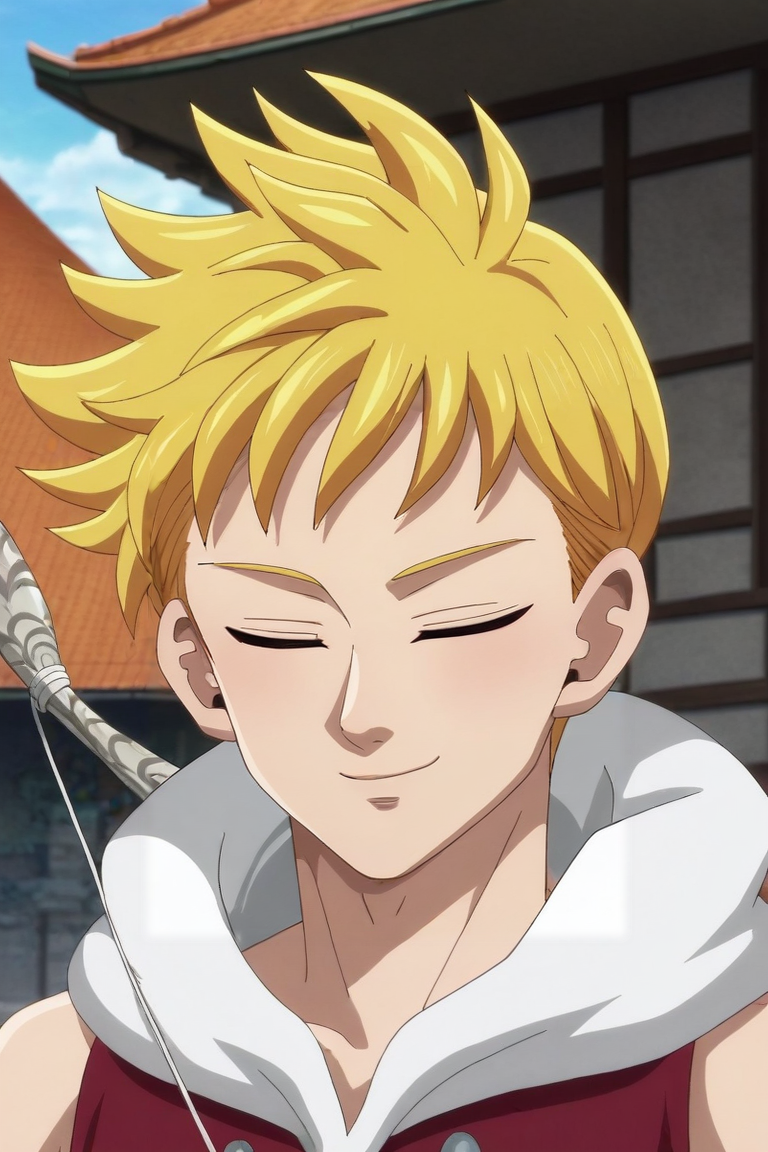 score_9, score_8_up, score_7_up, source_anime, rating_safe, intricate details, anime screencap, , , , , 1boy, solo, male focus, <lora:lancelot_nnt_mny_pony:0.98>, lancelot_nnt_mny, blonde hair, pink eyes, short hair, rule of thirds, east asian architecture, day, sunny, (pose), (closed eyes:1.2), smile, , <lora:sdxl_lightning_8step_lora:1>