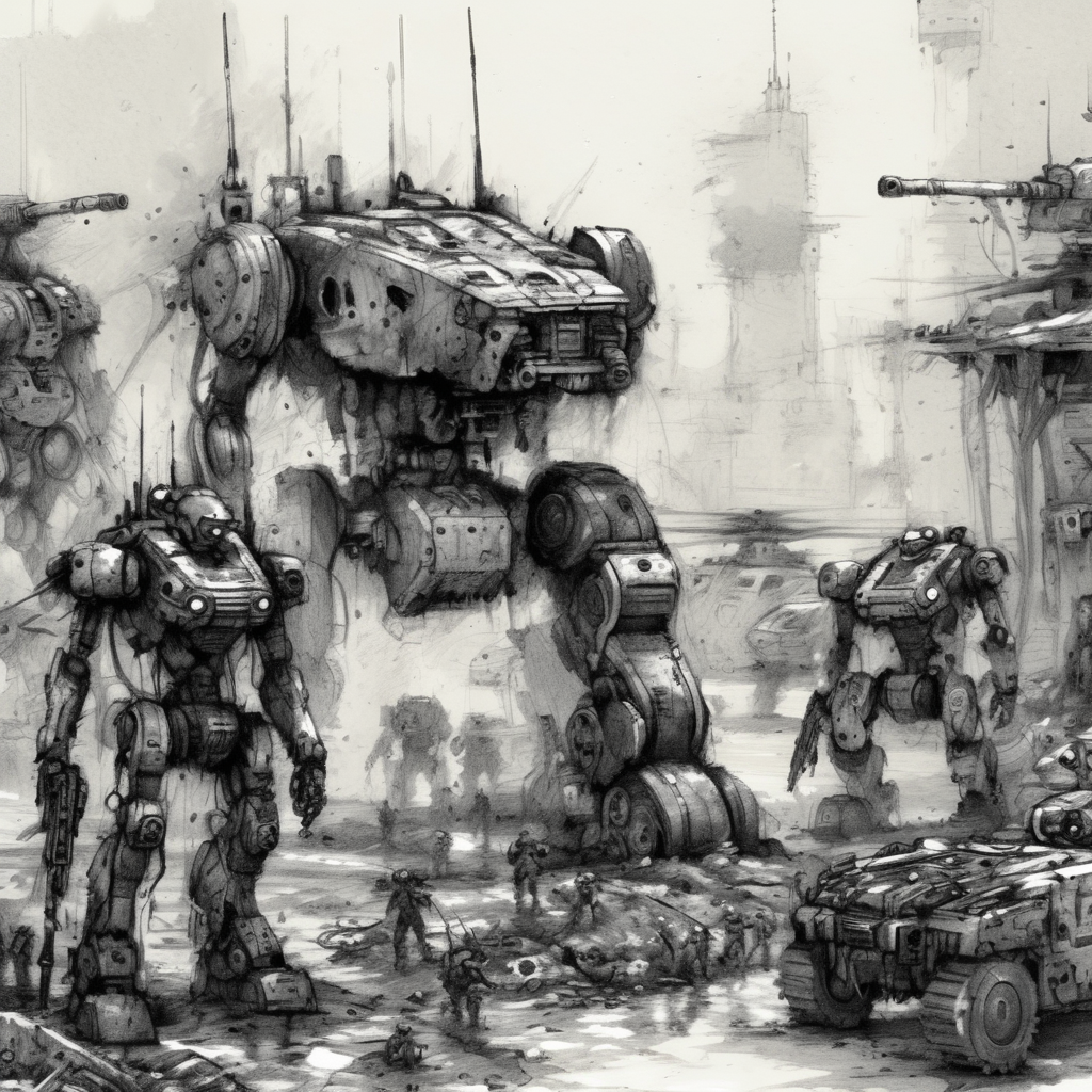 drawix8 a group of military robots on the battlefield, very detailed, expressive drawing, in the background a post-apocalyptic city, destroyed cars, fighting <lora:drawix8:1>