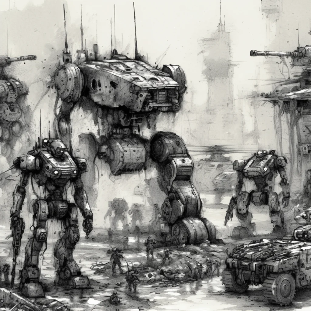drawix8 a group of military robots on the battlefield, very detailed, expressive drawing, in the background a post-apocalyptic city, destroyed cars, fighting <lora:drawix8:1>