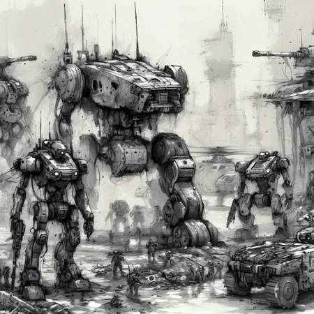 drawix8 a group of military robots on the battlefield, very detailed, expressive drawing, in the background a post-apocalyptic city, destroyed cars, fighting <lora:drawix8:1>