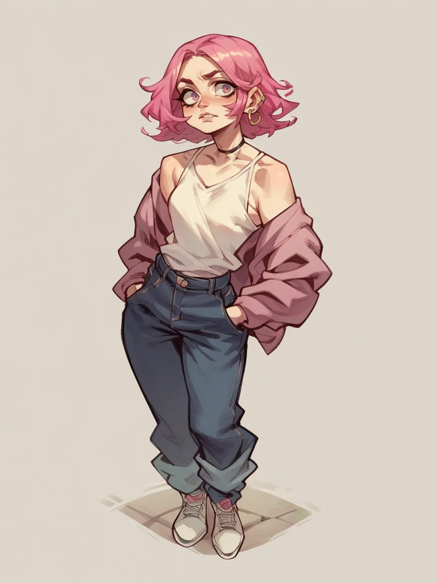 score_9, score_8_up, score_7_up, score_6_up, score_5_up, <lora:jabro_64XLP:1> jabro_64, solo, pink hair, 1girl, curvy