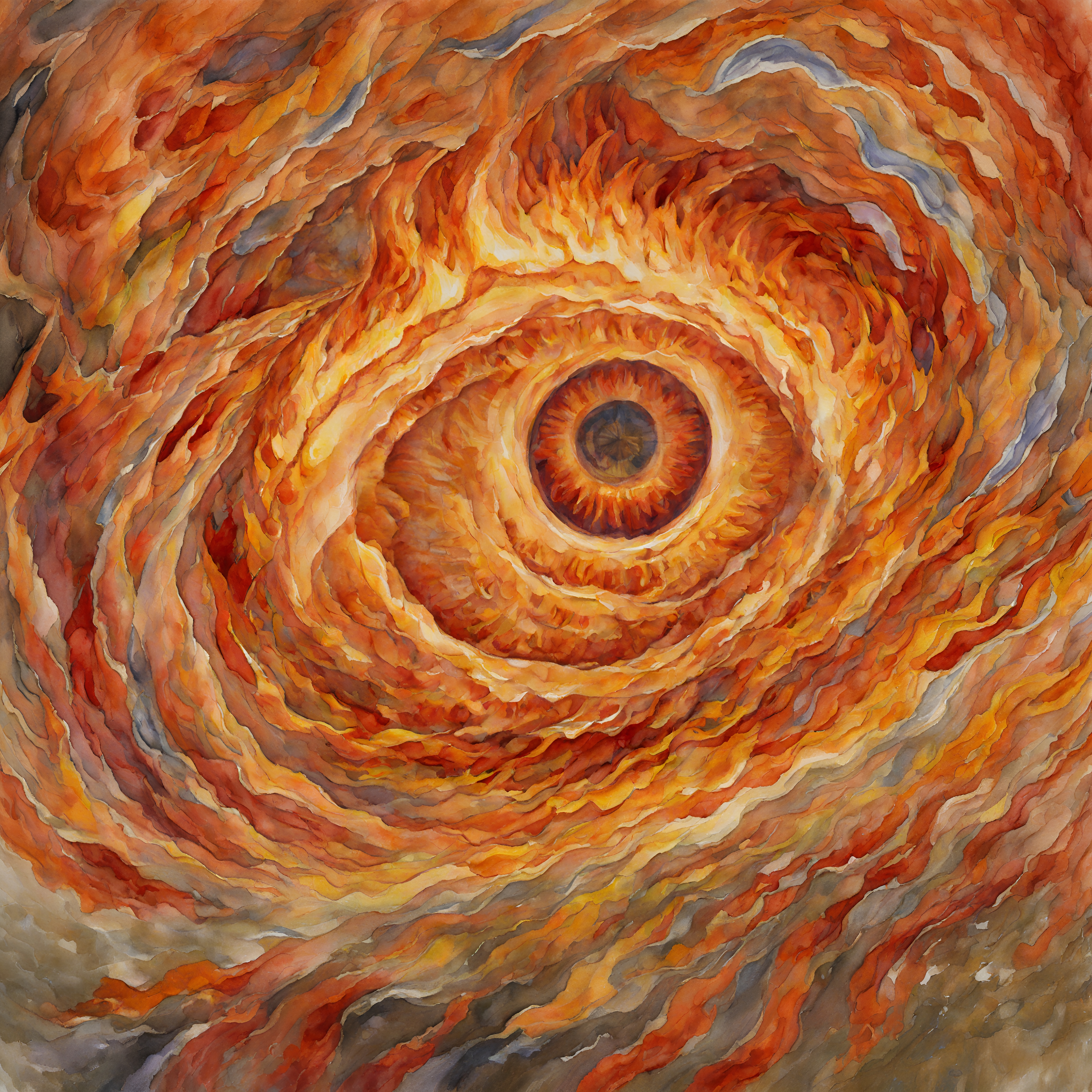 illustration, water colour, theme of fire, impressionism, a spiral tunnel of flame leading to a burning eye, <lora:SDXL\add-detail-xl:1.0>, <lora:SDXL\xl_more_art-full_v1:1.0>, intricate detail,