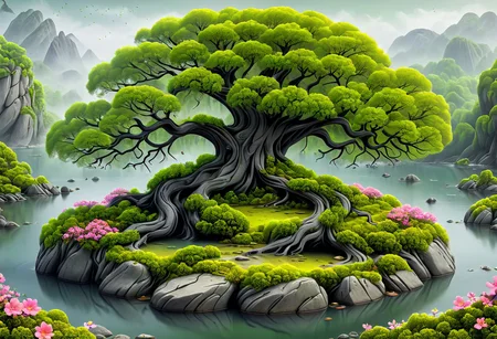 large tree on an island with lots of boulders in the water, moss grows where it can along with flowers, a multitude of trees can be seen forming a forest, artflwtr