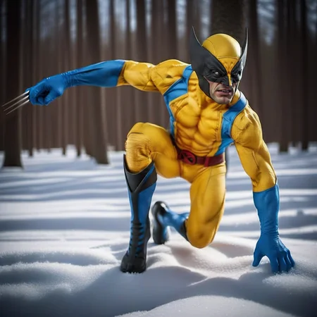 WolverineV2-1024, a man dressed as wolverine,side view, in winter canadian forest, highly detailed, photography, ultra sharp, film, bokeh, professional, 64k <lora:WolverineV2-1024-000350:0.8>