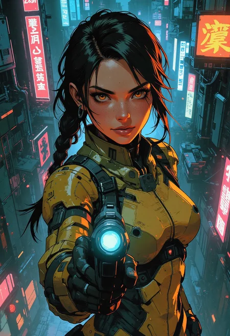magnificent, closeup portrait, female bounty hunter, braided black hair, futuristic armor, halo spartan, spartan armor, sexy, curvy, large breasts, large ass, Shotgun, aiming shotgun, pointing shotgun, Cyberpunk City, Neon Lights, foreshortening,
looking at viewer, solo, smirk, cocky smirk, 
Cowboy Shot, close up, from above,