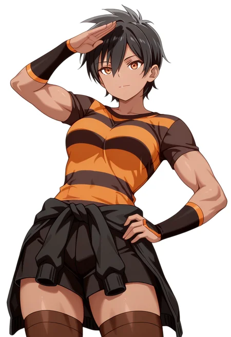 masterpiece,high quality details, absurdres,
straight-arm salute,
<lora:Kanie_Kusagakure:0.8> kanie_cnr, 1girl, black hair, short hair, dark skin, muscular, medium breasts,, simple background, white background, front view,solo,, light smile,expressionless,, clothes around waist,striped shirt,pantyhose, ,brown thighhighs,