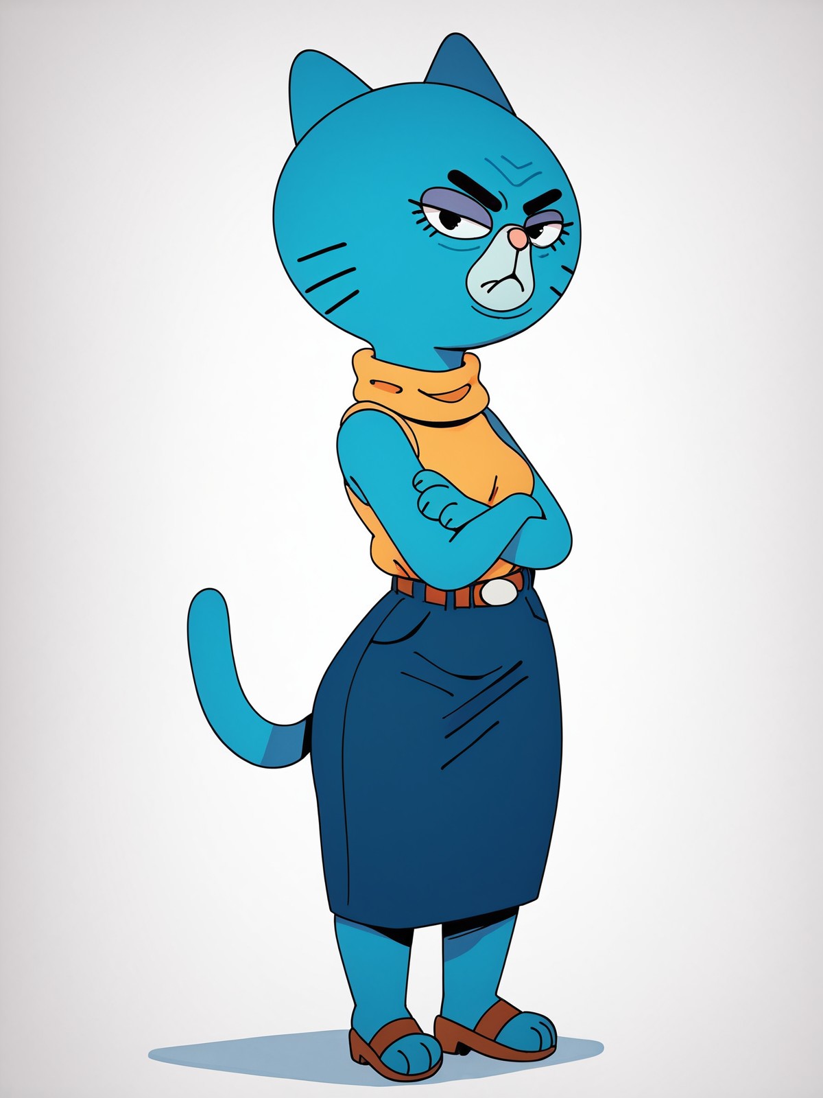 score_9,score_8,score_7,source_furry,
<1girl:1.5>,
<solo:1.5>,
wrinkles,
old,
old woman,
elderly,
1girl, mary_senicourt, granny_gumball, solo, skirt, tail, standing, full body, blue skirt, animal ears, furry, black eyes, sleeveless, looking at viewer, cat ears, belt, crossed arms, simple background, cat tail, shirt, blue skin, furry female, closed mouth, colored skin, sleeveless shirt,
<simple background:1.5>,
<white background:1.5>,
 <lora:Mary_Senicourt_Pony_SDXL:1> mary_senicourt