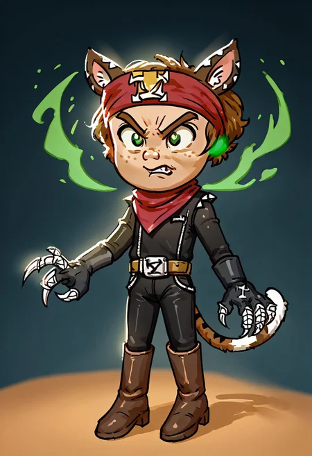 score_9, score_8_up, score_7_up, CuteCartoonStyle, 1boy, solo, male focus, El_Tigre, Mask, Green Eyes, white sideburns, Freckles, Cat Ears, Black Bodysuit, belt buckle, brown boots, Red Bandana around neck, black Gloves, tail, claws, green aura, angry,
