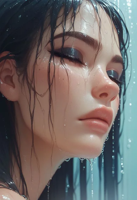 ASCII Busty, macromastia, score_9, score_8_up, score_7_up, score_7, score_6_up, 18yo girl, black hair, green eyes, in the shower, wet hair, closed eyes, black eyeshadow, perfect eyes, close up